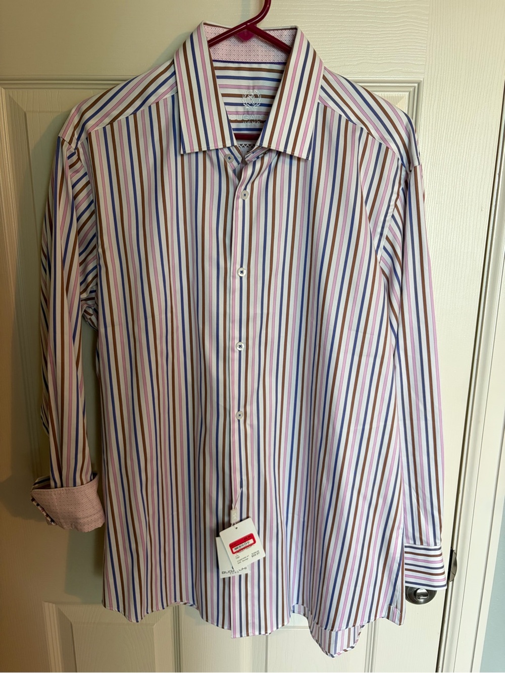 Bugatchi Men's Multi-Stripe Dress Shirt in Blue, Pink & White